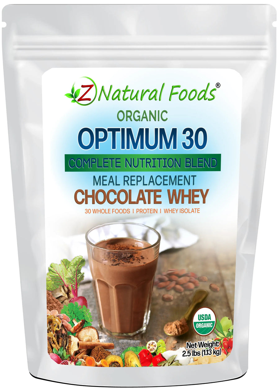 Optimum 30 Chocolate Whey Meal Replacement - Organic 2.5 lb front of the bag image