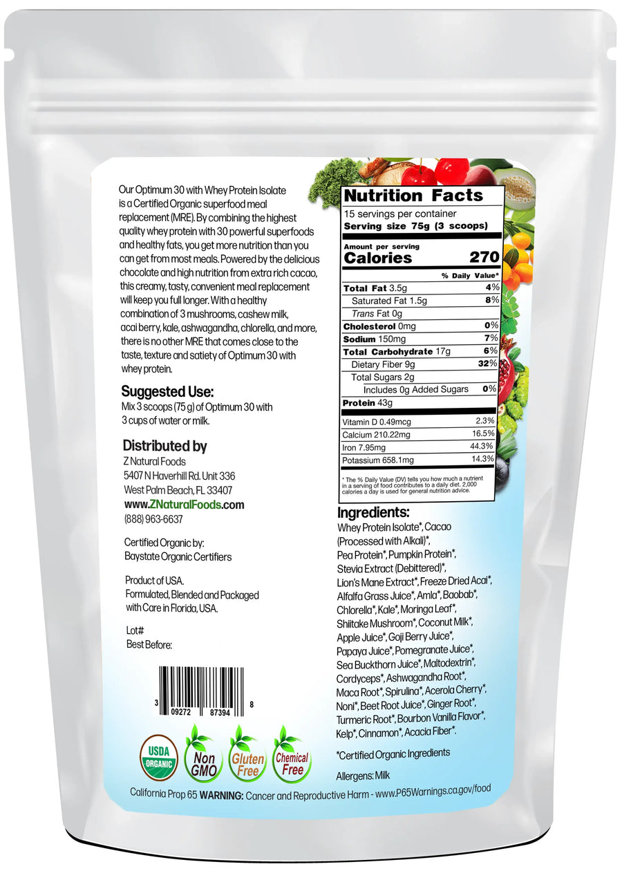 Optimum 30 Chocolate Whey Meal Replacement - Organic 2.5 lb back of the bag image