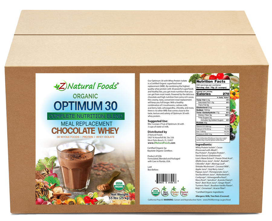 Optimum 30 Chocolate Whey Meal Replacement - Organic front and back label image for bulk