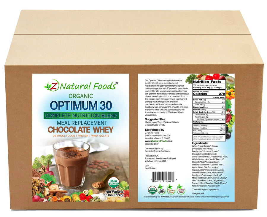 Optimum 30 Chocolate Whey Meal Replacement - Organic front and back label image in bulk