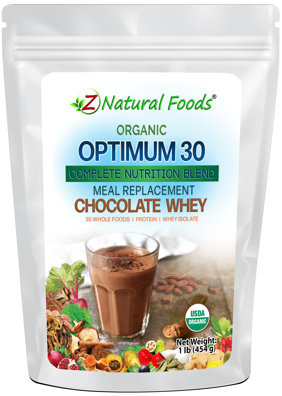 Optimum 30 Chocolate Whey Meal Replacement - Organic 1 lb front of the bag image