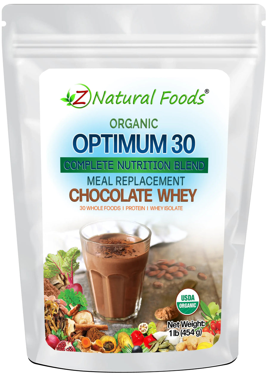 Optimum 30 Chocolate Whey Meal Replacement - Organic 1 lb front of the bag image