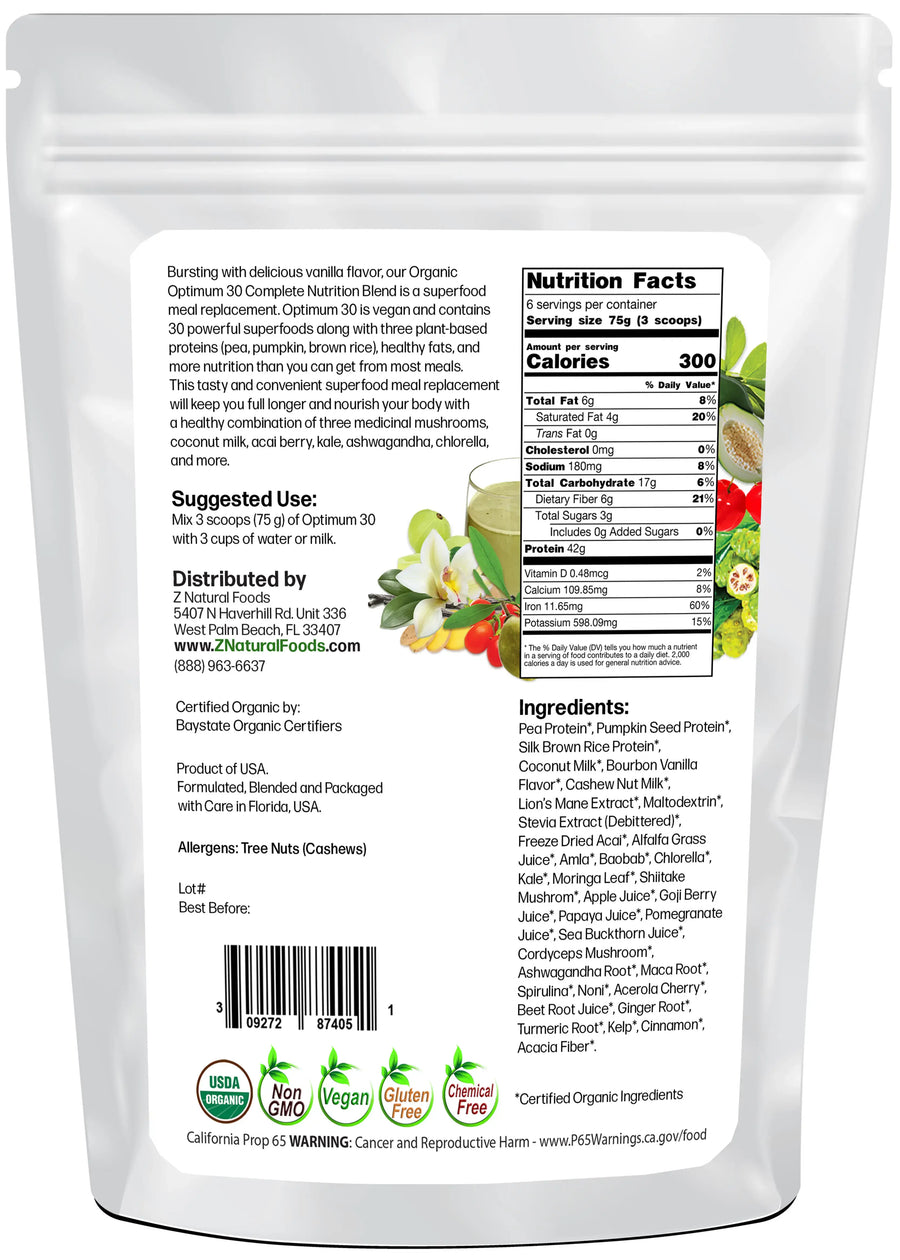 Optimum 30 Vanilla Vegan Meal Replacement - Organic back of the bag image 1 lb