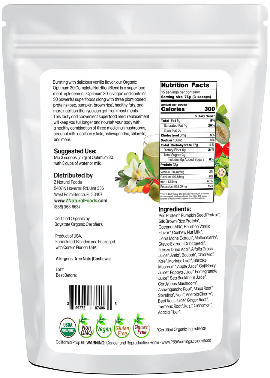 Optimum 30 Vanilla Vegan Meal Replacement - Organic back of the bag image 2.5 lb