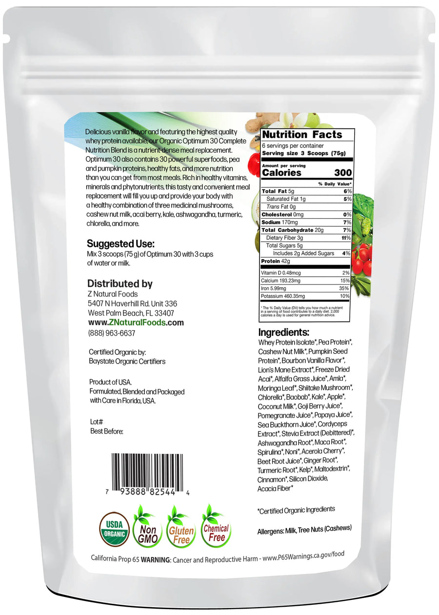 Optimum 30 Vanilla Whey Meal Replacement - Organic back of the bag image 1 lb