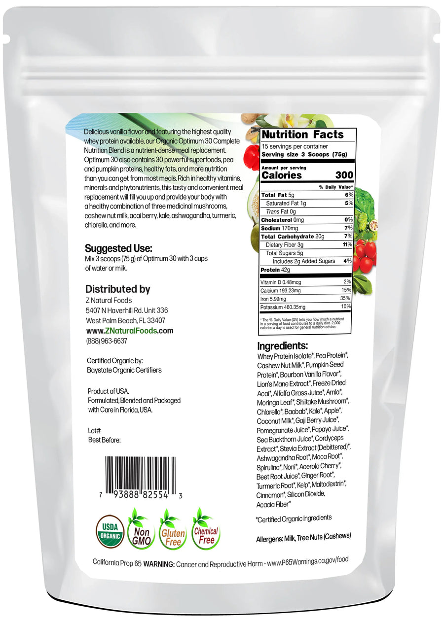 Optimum 30 Vanilla Whey Meal Replacement - Organic back of the bag image 2.5 lb