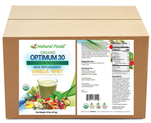 Optimum 30 Vanilla Whey Meal Replacement - Organic front and back label images for bulk