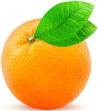 Image of whole Orange with stem and two leaves on white background.