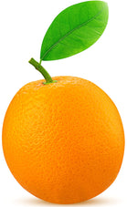 Image of whole Orange with stem and leaf on white background.