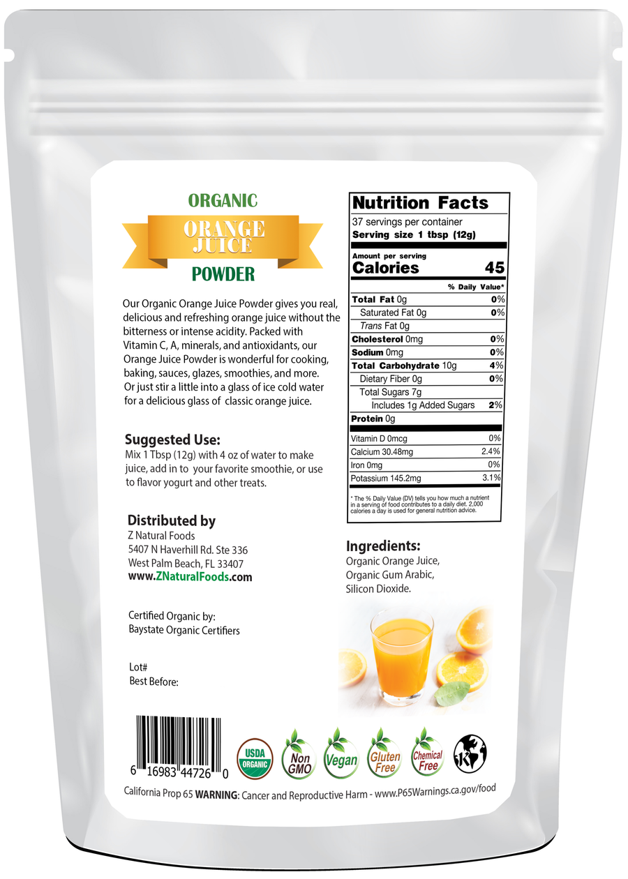 Photo of back of 1 lb bag of Orange Juice Powder - Organic