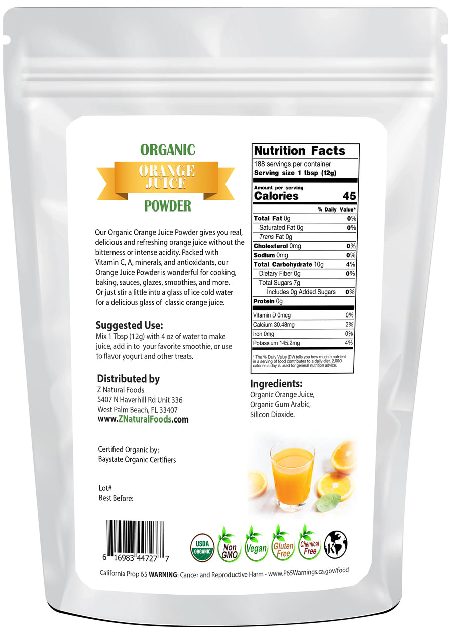 Photo of back of 5 lb bag of Orange Juice Powder - Organic