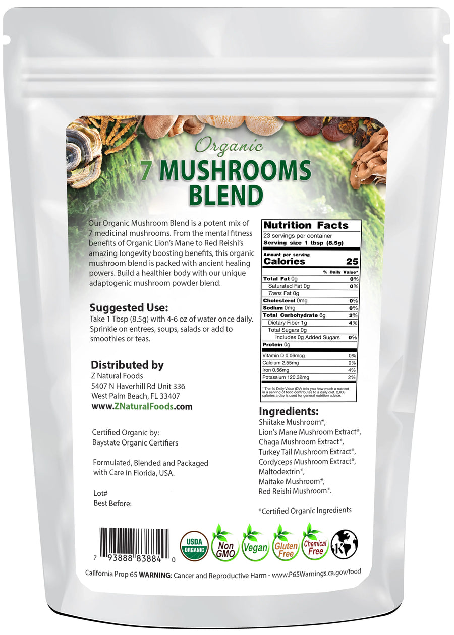 Photo of back of 7 oz bag of Organic 7 Mushrooms Blend