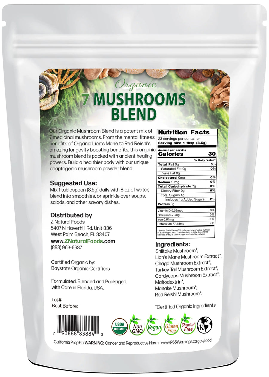 Photo of back of 7 oz bag of Organic 7 Mushrooms Blend