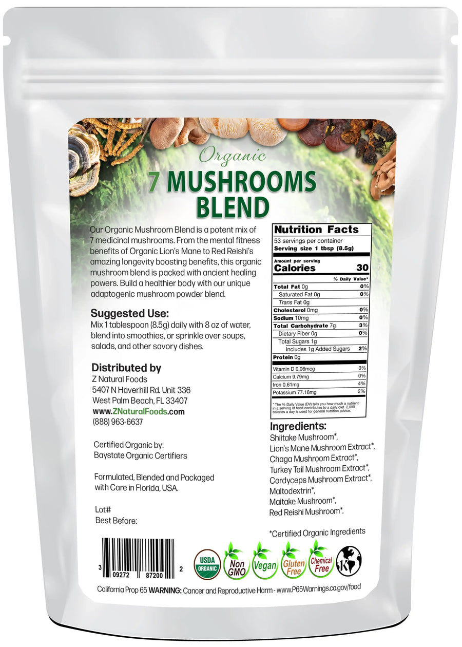Photo of back of 1 lb bag of Organic 7 Mushrooms Blend