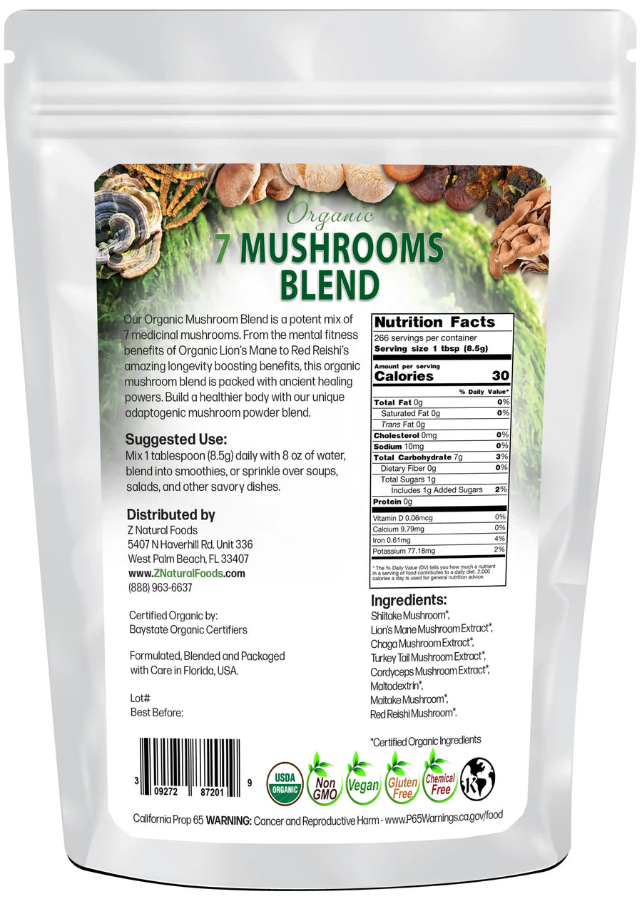 Photo of back of 5 lb bag of Organic 7 Mushrooms Blend