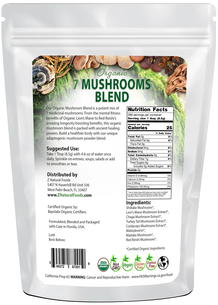 Photo of back of 5 lb bag of Organic 7 Mushrooms Blend
