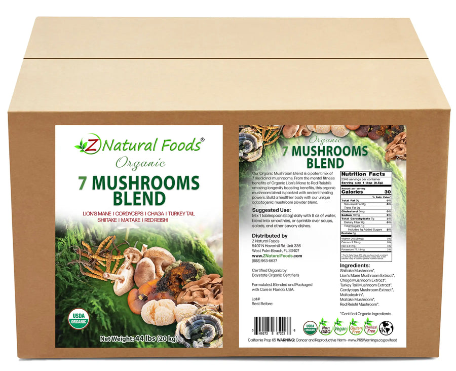 Photo of front and back label image of Organic 7 Mushrooms Blend in bulk