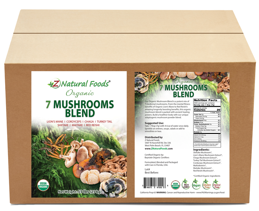 Photo of front and back label image of Organic 7 Mushrooms Blend in bulk