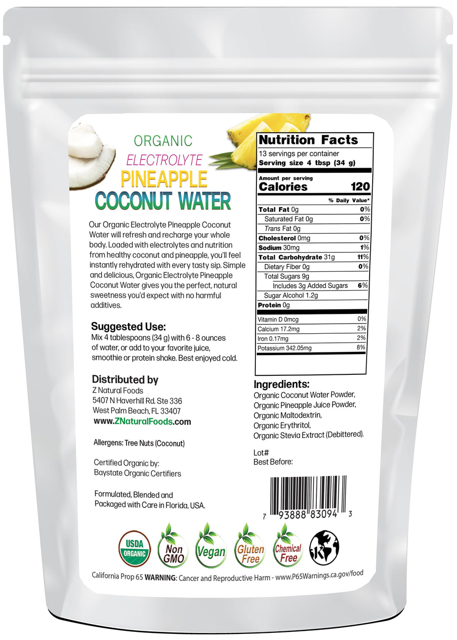 Photo of back of 1 lb bag of Organic Electrolyte Pineapple Coconut Water Z Natural Foods