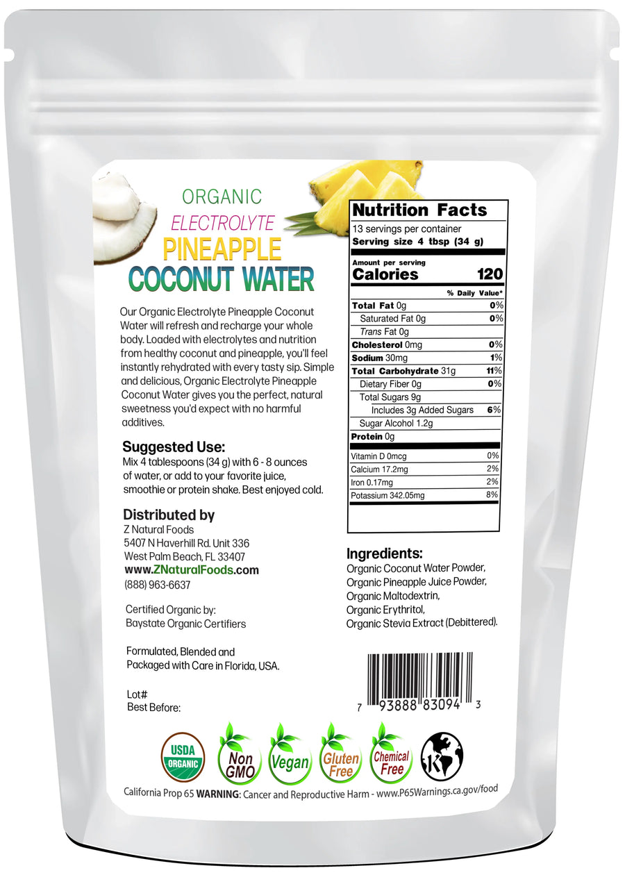 Photo of back of 1 lb bag of Organic Electrolyte Pineapple Coconut Water
