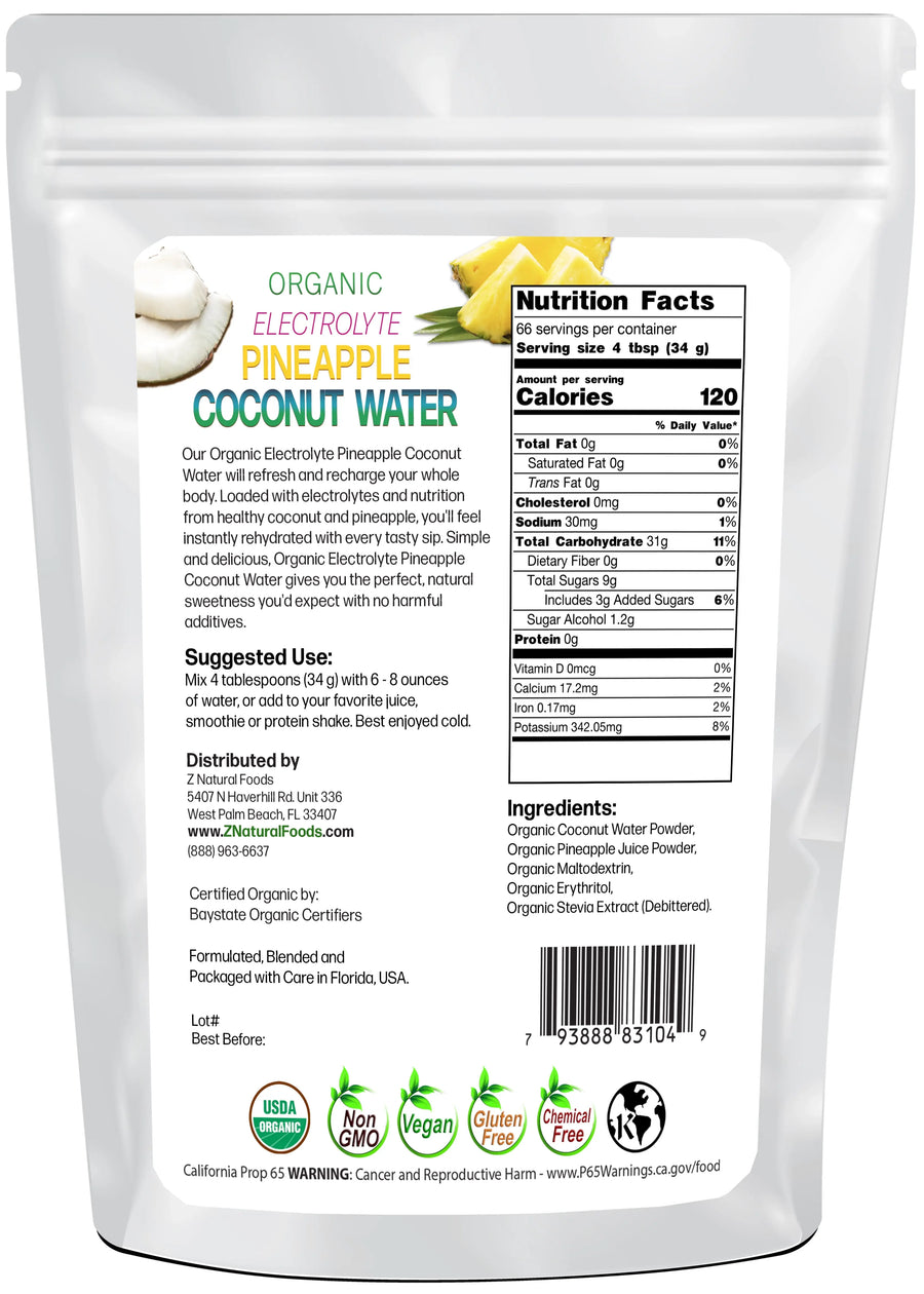 Photo of back of 5 lb bag of Organic Electrolyte Pineapple Coconut Water