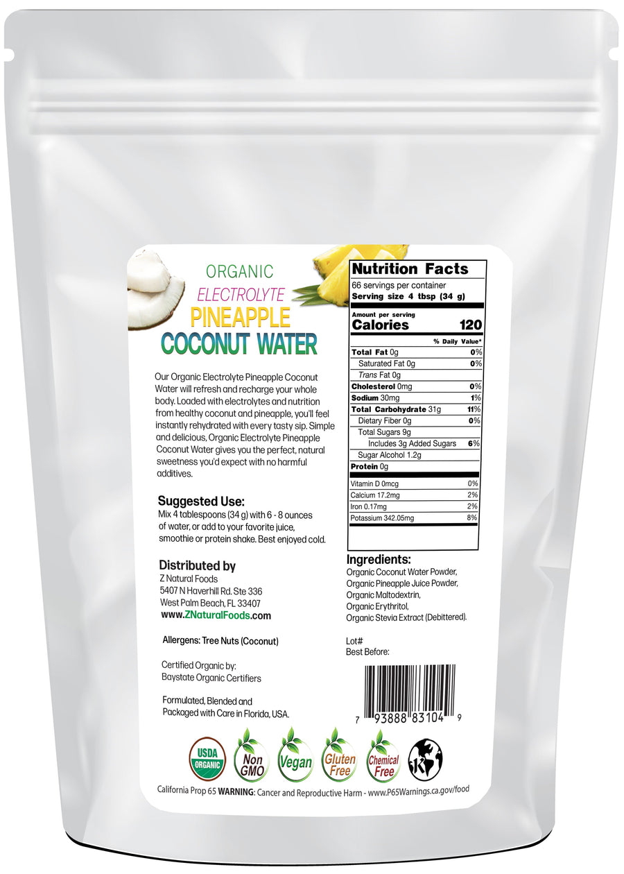 Photo of back of 5 lb bag of Organic Electrolyte Pineapple Coconut Water Z Natural Foods