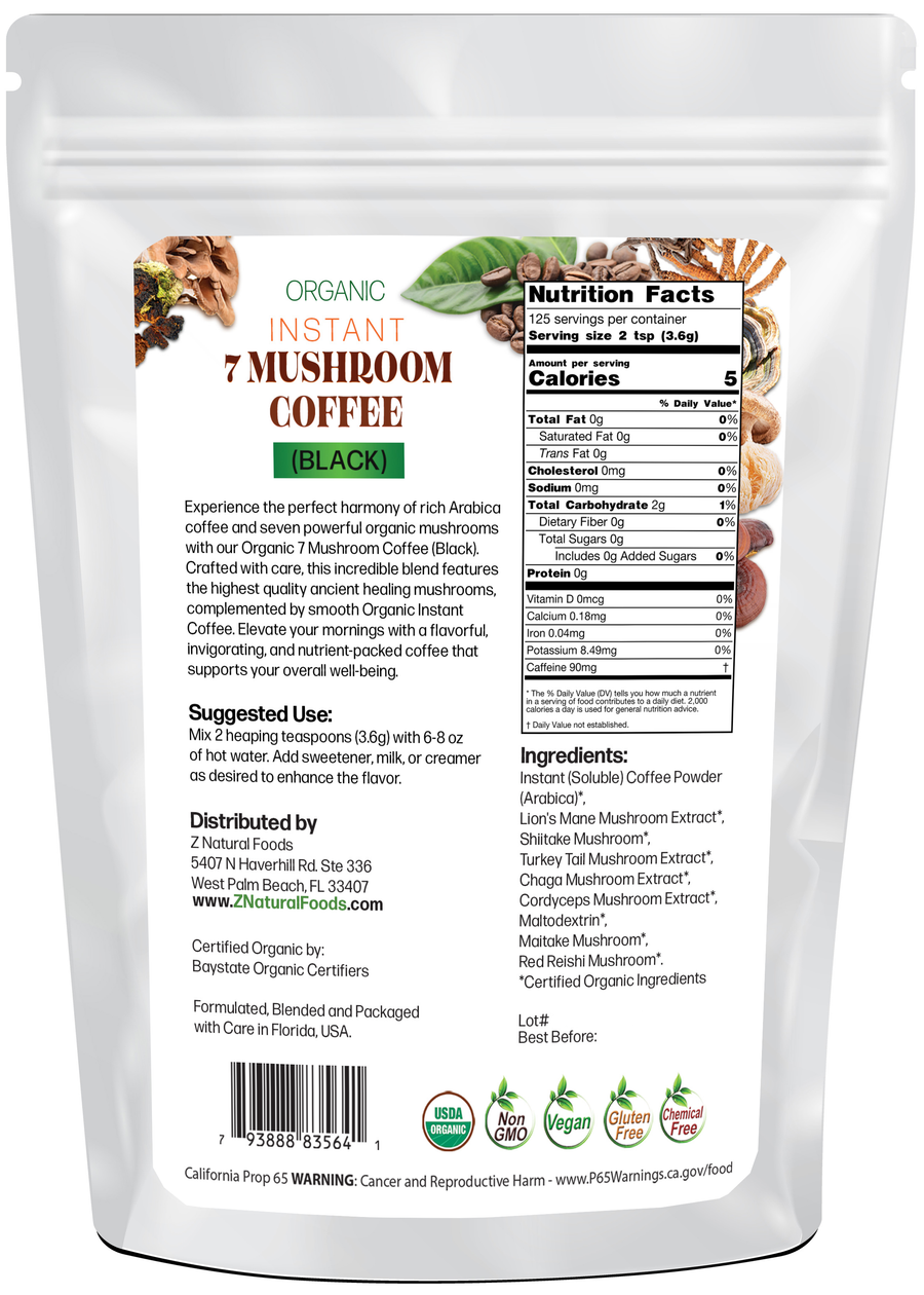 Organic Instant 7 mushroom coffee black back of the bag image 1 lb