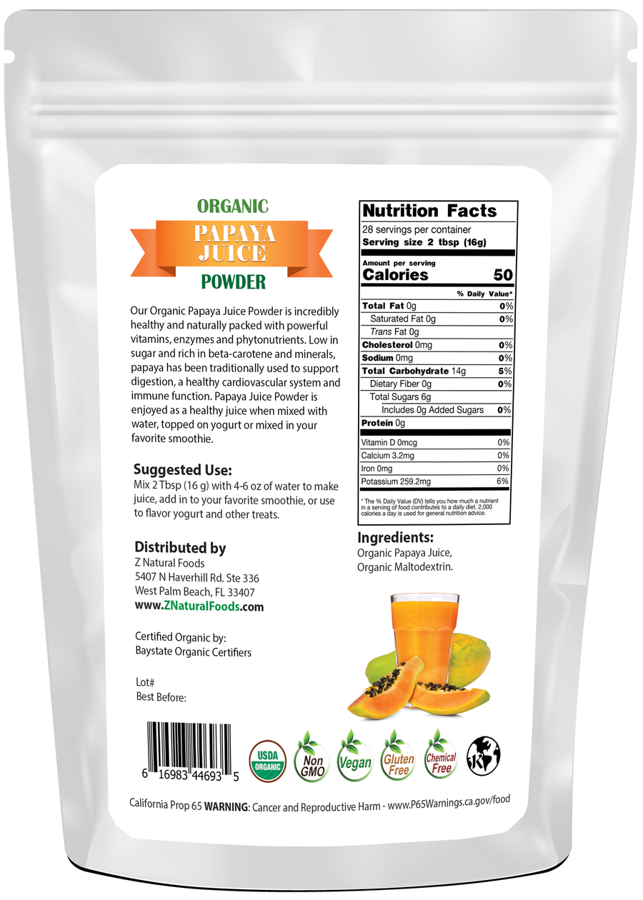 Photo of back of 1 lb bag of Papaya Juice Powder - Organic