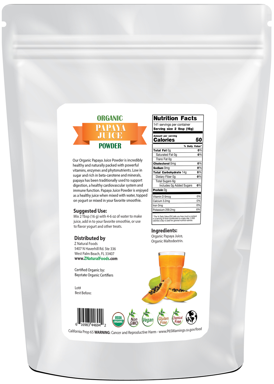 Photo of back of 5 lb bag of Papaya Juice Powder - Organic