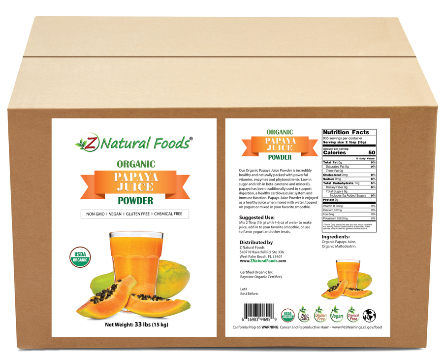 Photo of front and back label image of Papaya Juice Powder - Organic in bulk