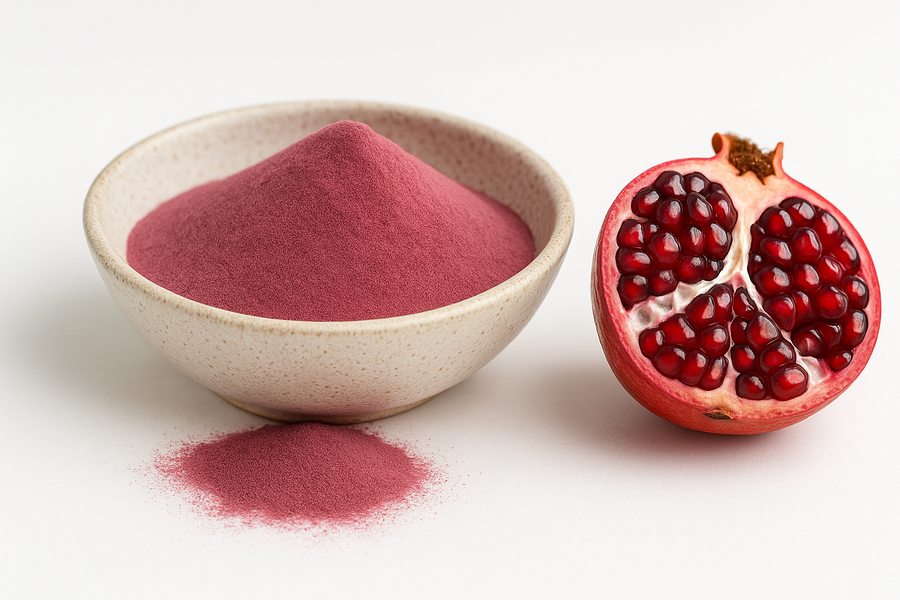 A bowl of bright pink Organic Pomegranate Juice Powder with a small pile spilled in front, next to a halved fresh pomegranate on a white background.