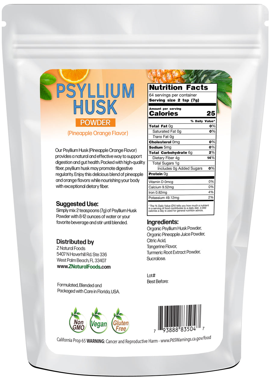 Back of the bag image of Psyllium Husk Powder Pineapple Orange Flavor 1 lb