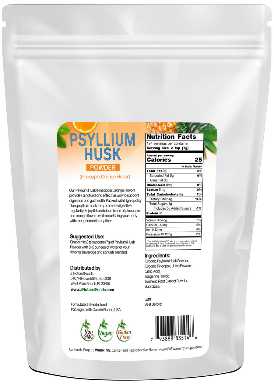 Back of the bag image of Psyllium Husk Powder Pineapple Orange Flavor 3 lb