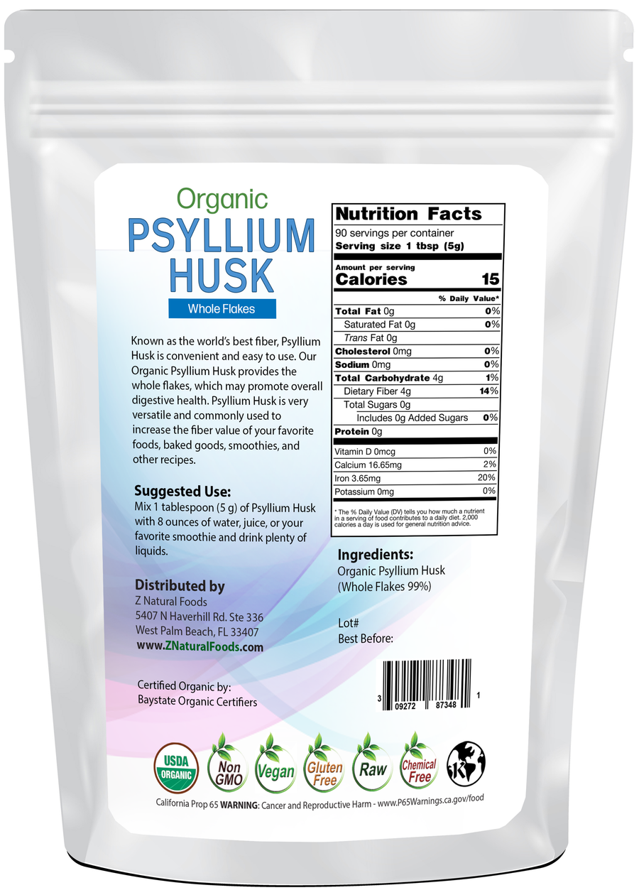 Photo of back of 1 lb bag of Psyllium Husk (Whole Flakes) - Organic