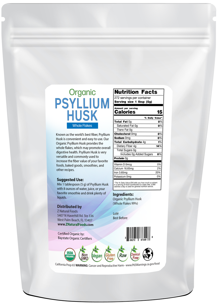 Photo of back of 3 lb bag of Psyllium Husk (Whole Flakes) - Organic