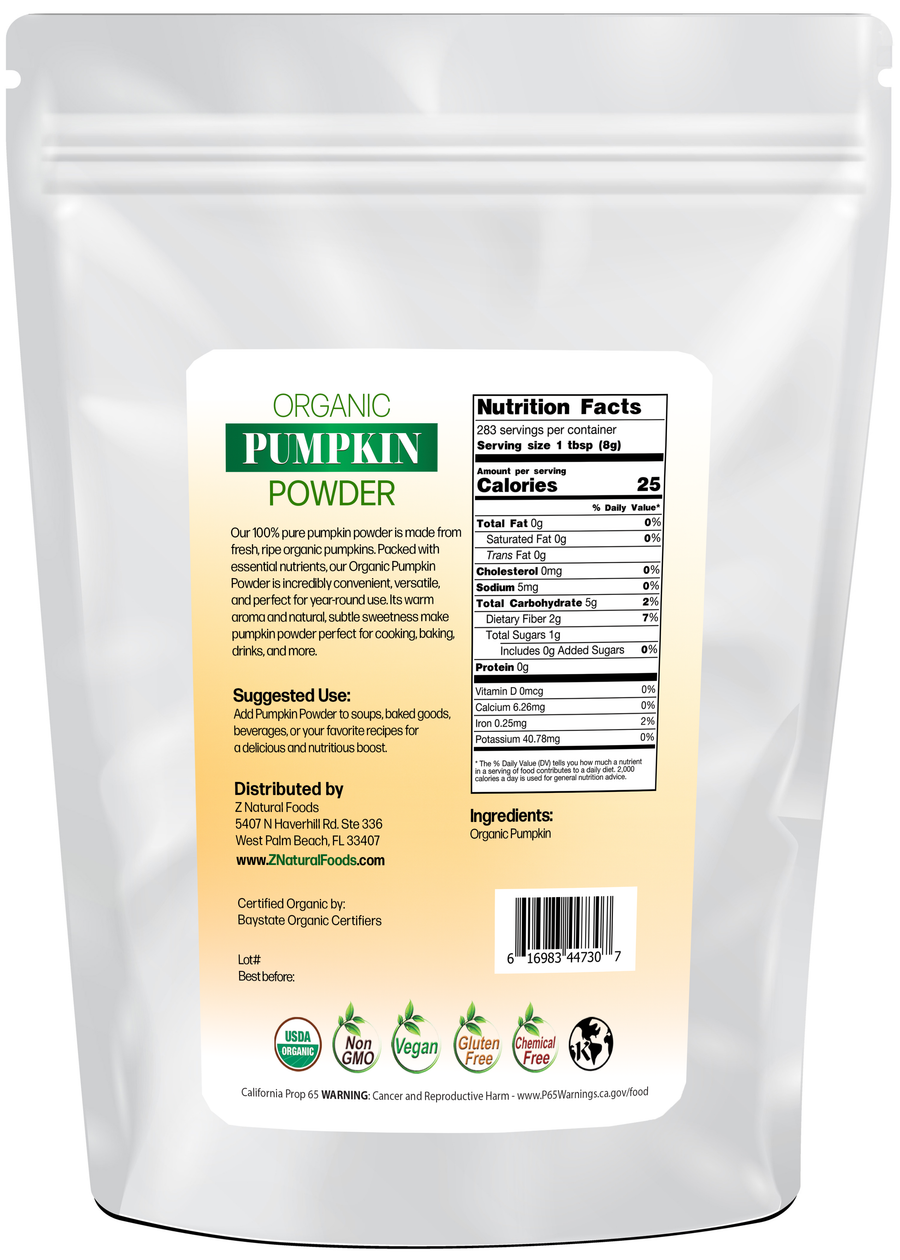 Photo of the back of 5 lb bag of Pumpkin Powder - Organic