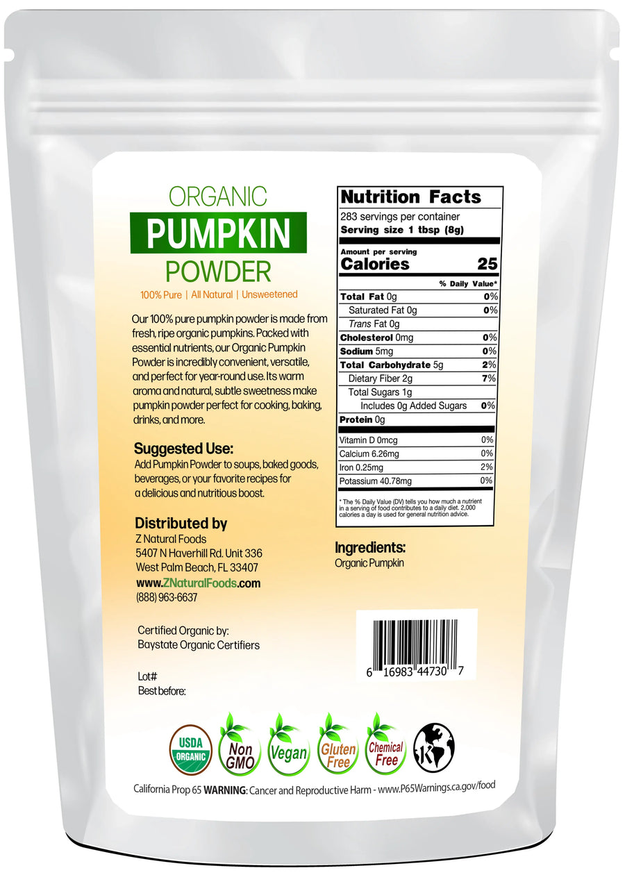 Photo of the back of 5 lb bag of Pumpkin Powder - Organic