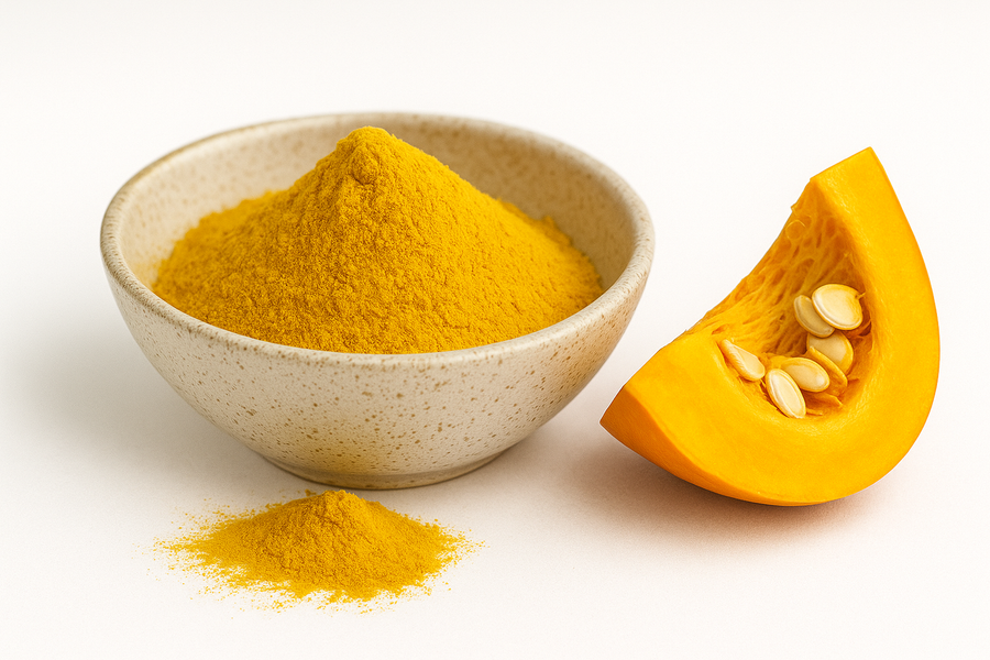 A bowl of bright golden-yellow Organic Pumpkin Powder set on a clean white background.