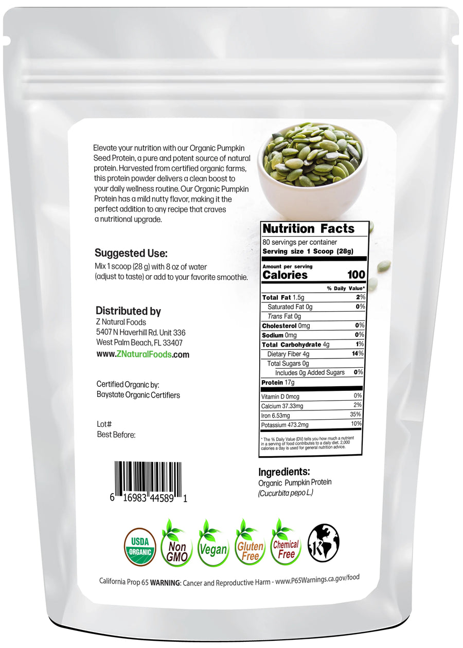 Photo of back of 5 lb bag of Pumpkin Seed Protein - Organic