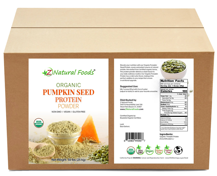 Photo of front and back label image of Pumpkin Seed Protein - Organic in bulk