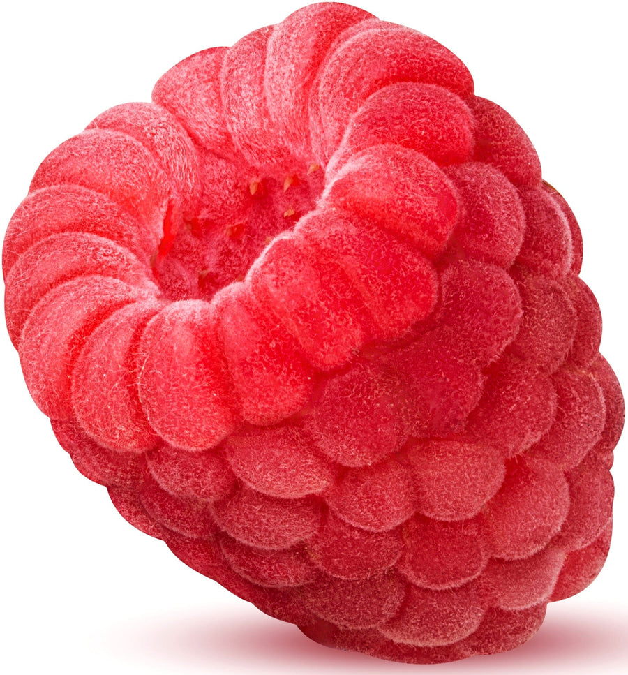 Close up image of red Raspberry on white background.
