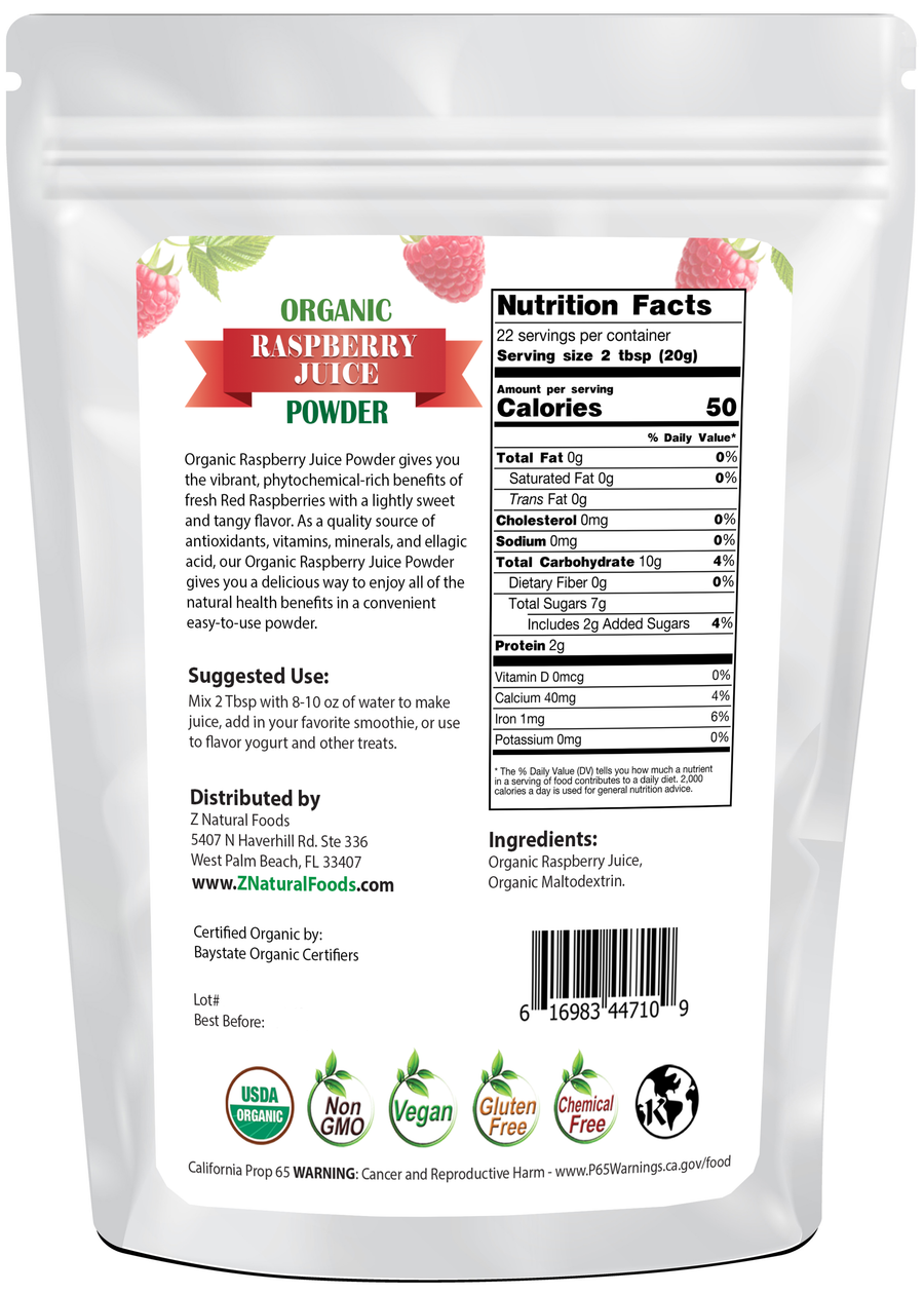 Photo of back of 1 lb bag of Raspberry Juice Powder - Organic