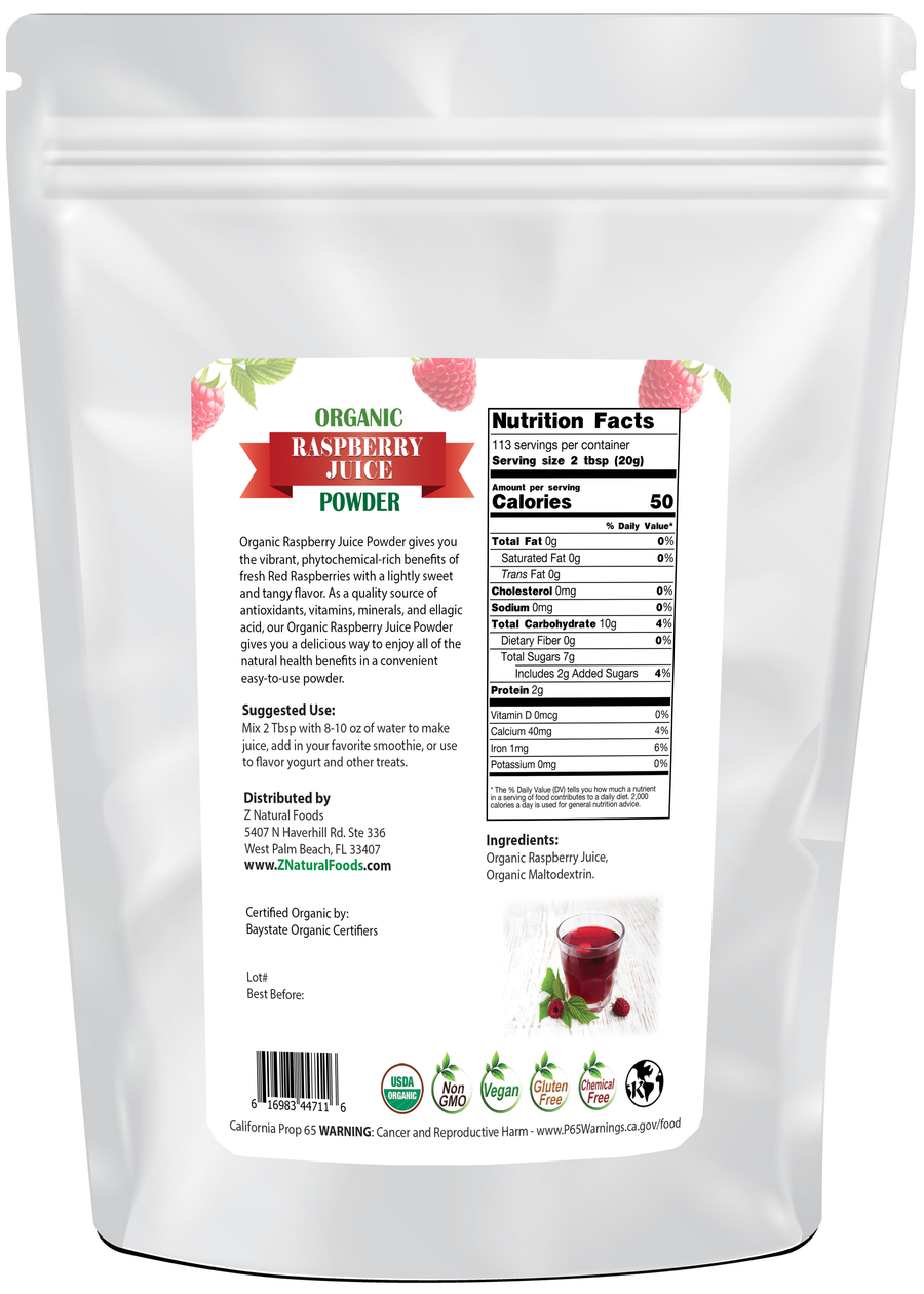 Photo of back of 5 lb bag of Raspberry Juice Powder - Organic