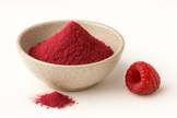 A bowl of deep red Organic Raspberry Juice Powder on a white background.