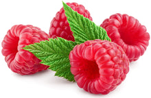 close up image of 4 Red Raspberry with 2 green leaves on white background