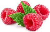 close up image of 4 Red Raspberry with 2 green leaves on white background