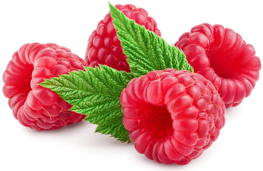 close up image of 4 Red Raspberry with 2 green leaves on white background