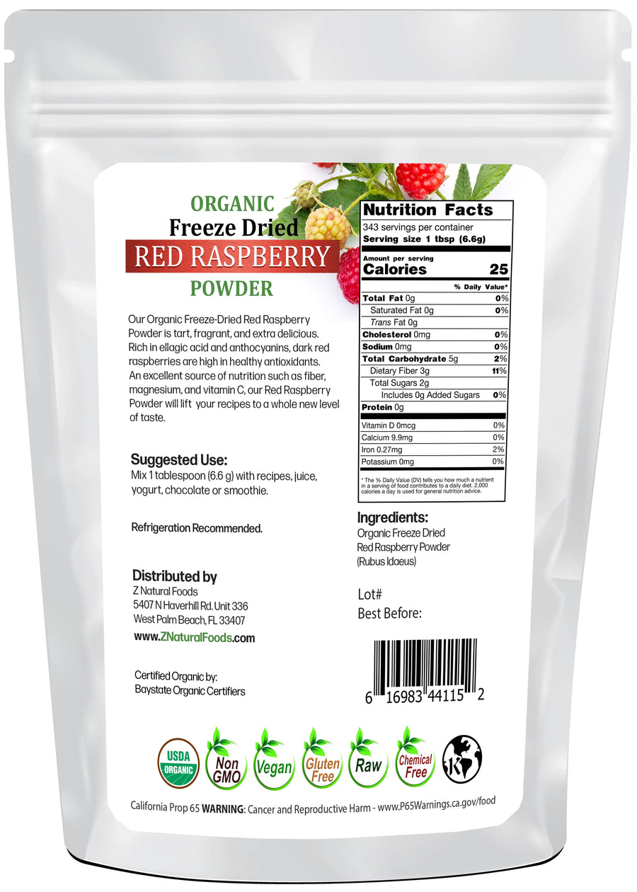 Back of bag image of Red Raspberry Powder - Organic Freeze Dried 5 lb