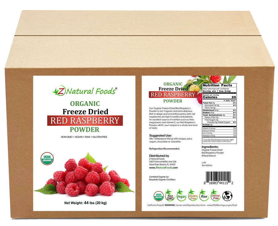 Front and Back label image of Red Raspberry Powder - Organic Freeze Dried in bulk