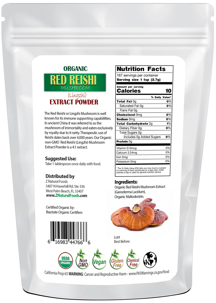 Photo of back of 1 lb bag of Red Reishi Mushroom Extract Powder (Lingzhi) - Organic